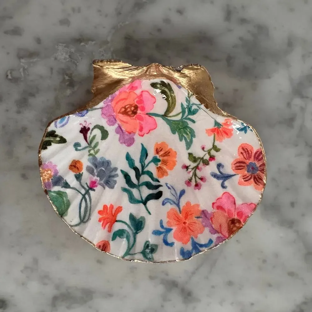 Colorful Chintz Floral Shell Trinket Dish, Flower Ring Holder